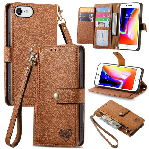 

For iPhone 7 / 8 / SE 2022 Love Zipper Lanyard Leather Phone Case(Brown)