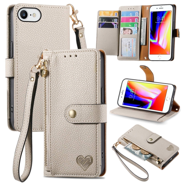 

For iPhone 7 / 8 / SE 2022 Love Zipper Lanyard Leather Phone Case(Gray)