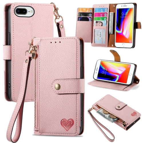 

For iPhone 7 Plus / 8 Plus Love Zipper Lanyard Leather Phone Case(Pink)