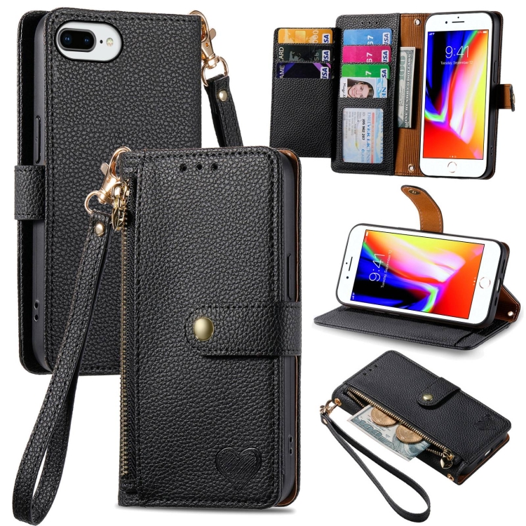 

For iPhone 7 Plus / 8 Plus Love Zipper Lanyard Leather Phone Case(Black)