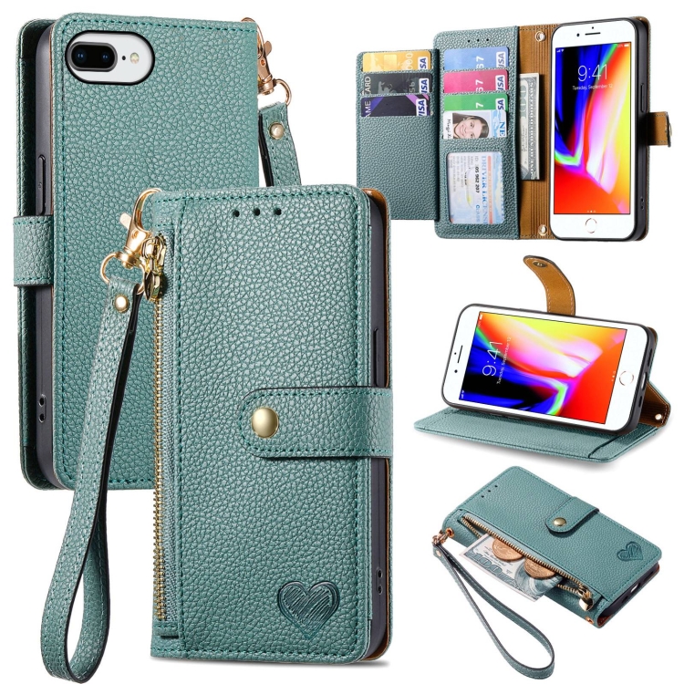 

For iPhone 7 Plus / 8 Plus Love Zipper Lanyard Leather Phone Case(Green)