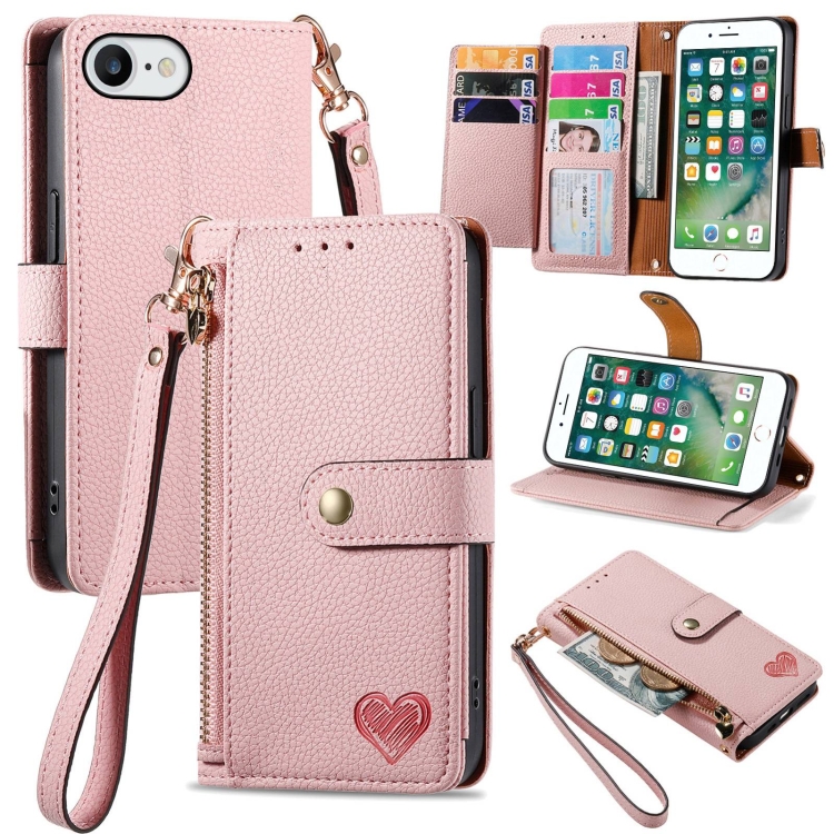

For iPhone 6 / 6s Love Zipper Lanyard Leather Phone Case(Pink)