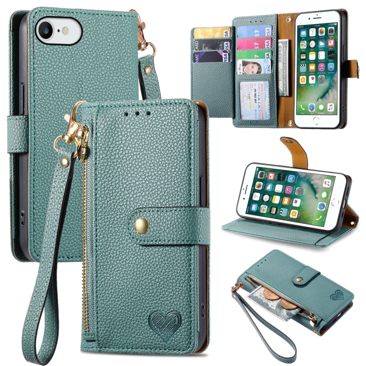

For iPhone 6 / 6s Love Zipper Lanyard Leather Phone Case(Green)