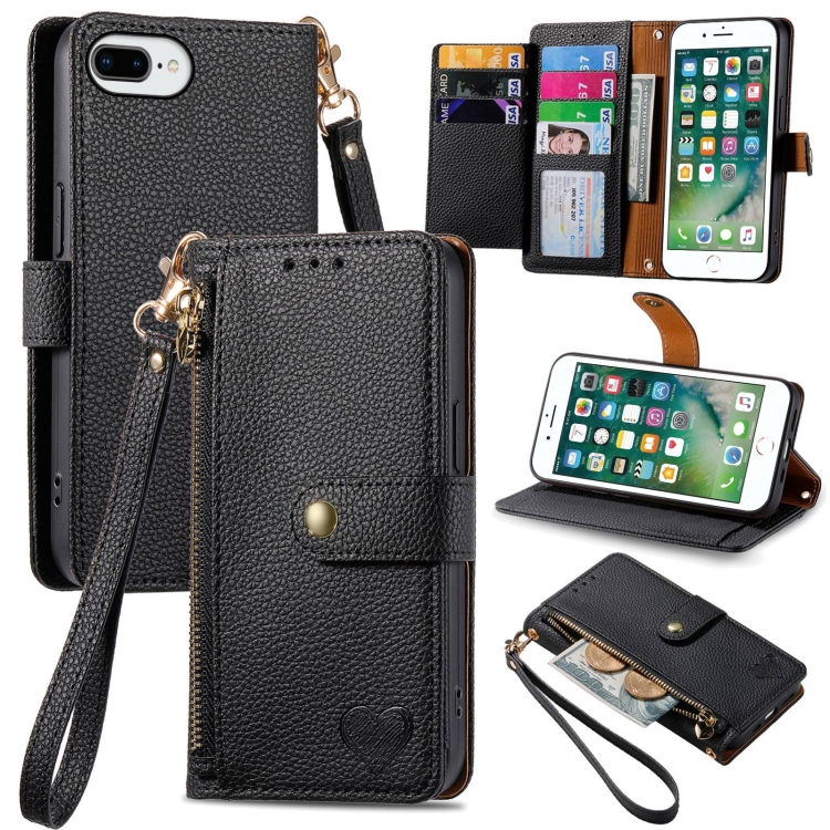 

For iPhone 6 Plus / 6s Plus Love Zipper Lanyard Leather Phone Case(Black)