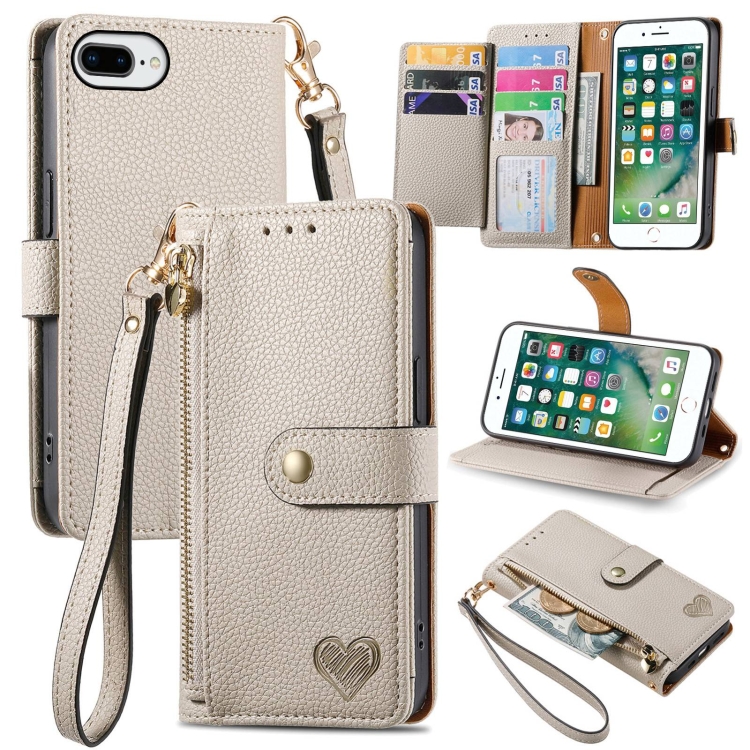 

For iPhone 6 Plus / 6s Plus Love Zipper Lanyard Leather Phone Case(Gray)