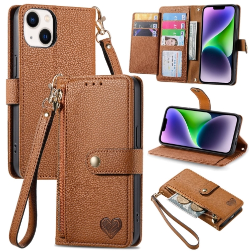 

For iPhone 15 Love Zipper Lanyard Leather Phone Case(Brown)