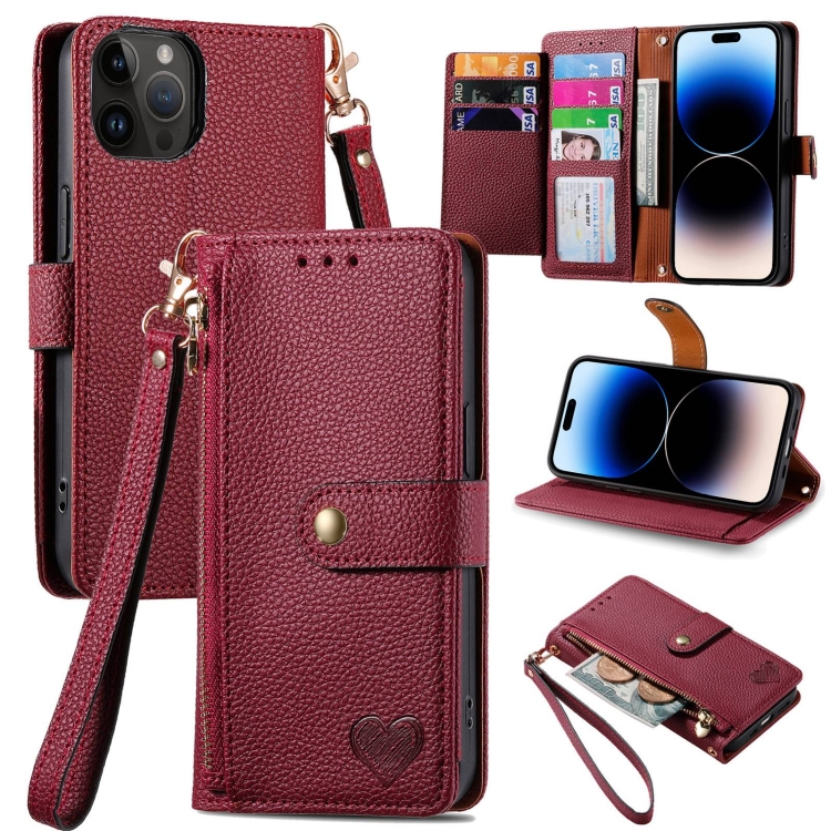 

For iPhone 15 Pro Love Zipper Lanyard Leather Phone Case(Red)