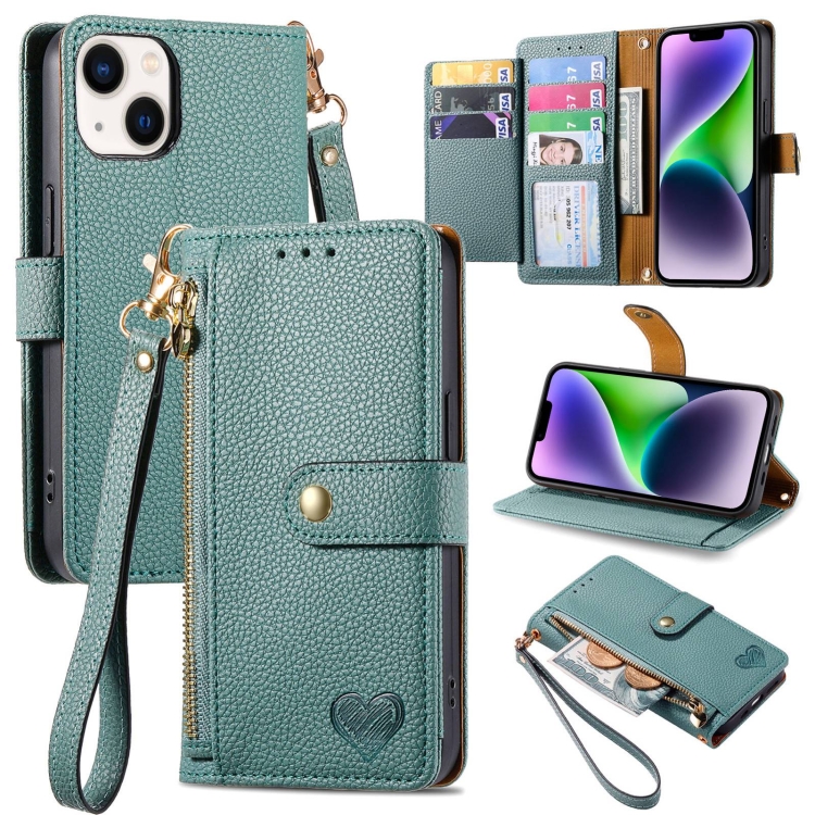 

For iPhone 15 Plus Love Zipper Lanyard Leather Phone Case(Green)