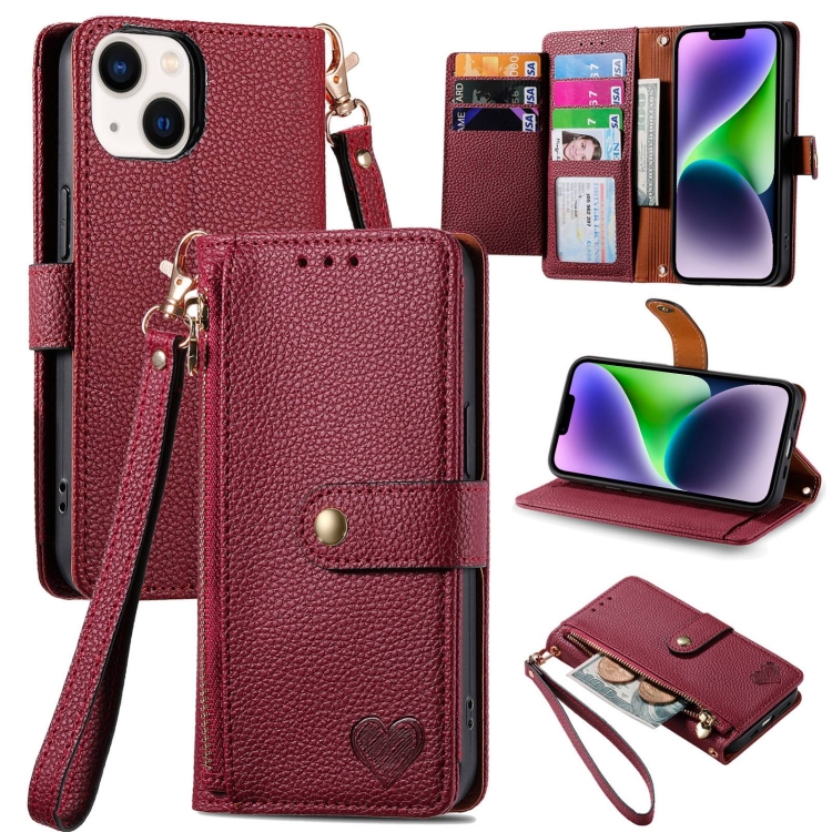 

For iPhone 15 Plus Love Zipper Lanyard Leather Phone Case(Red)