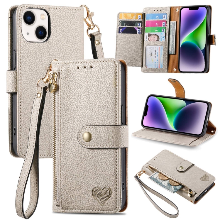 

For iPhone 15 Plus Love Zipper Lanyard Leather Phone Case(Gray)