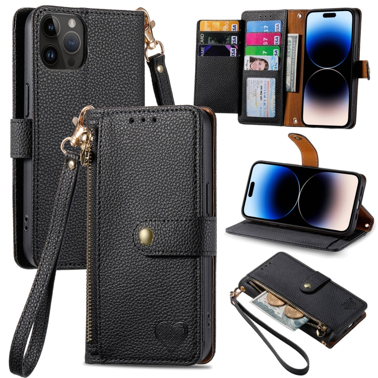 

For iPhone 15 Pro Max Love Zipper Lanyard Leather Phone Case(Black)