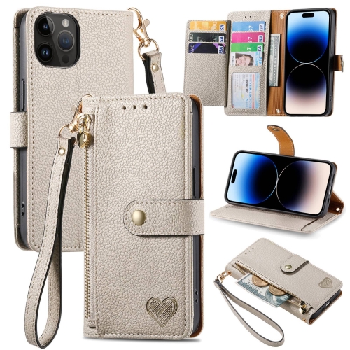 

For iPhone 15 Pro Max Love Zipper Lanyard Leather Phone Case(Gray)