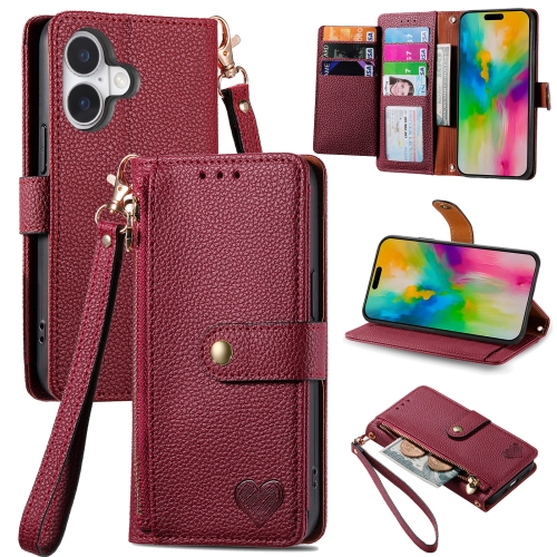 

For iPhone 16 Love Zipper Lanyard Leather Phone Case(Red)