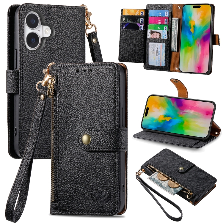 

For iPhone 16 Plus Love Zipper Lanyard Leather Phone Case(Black)