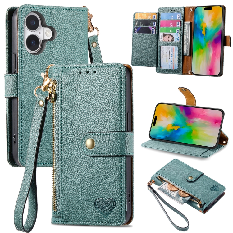 

For iPhone 16 Plus Love Zipper Lanyard Leather Phone Case(Green)