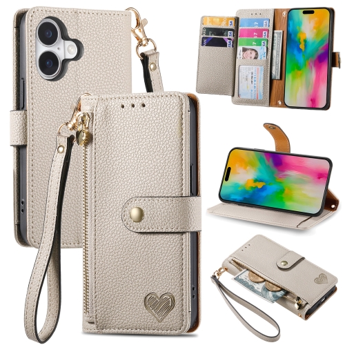 

For iPhone 16 Plus Love Zipper Lanyard Leather Phone Case(Gray)