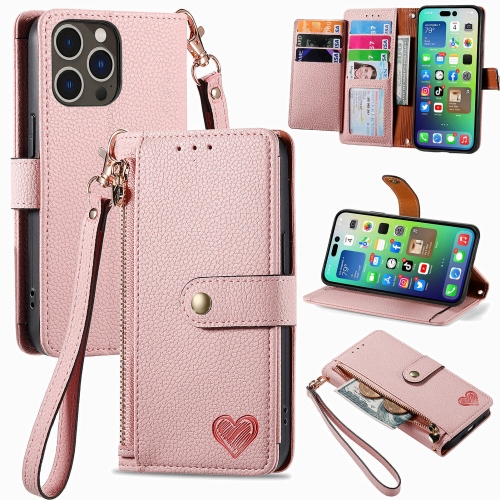 

For iPhone 16 Pro Love Zipper Lanyard Leather Phone Case(Pink)