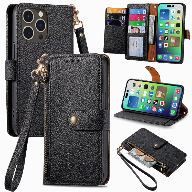

For iPhone 16 Pro Love Zipper Lanyard Leather Phone Case(Black)