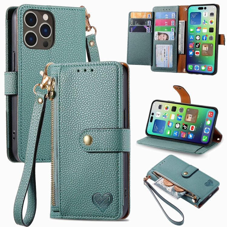 

For iPhone 16 Pro Love Zipper Lanyard Leather Phone Case(Green)