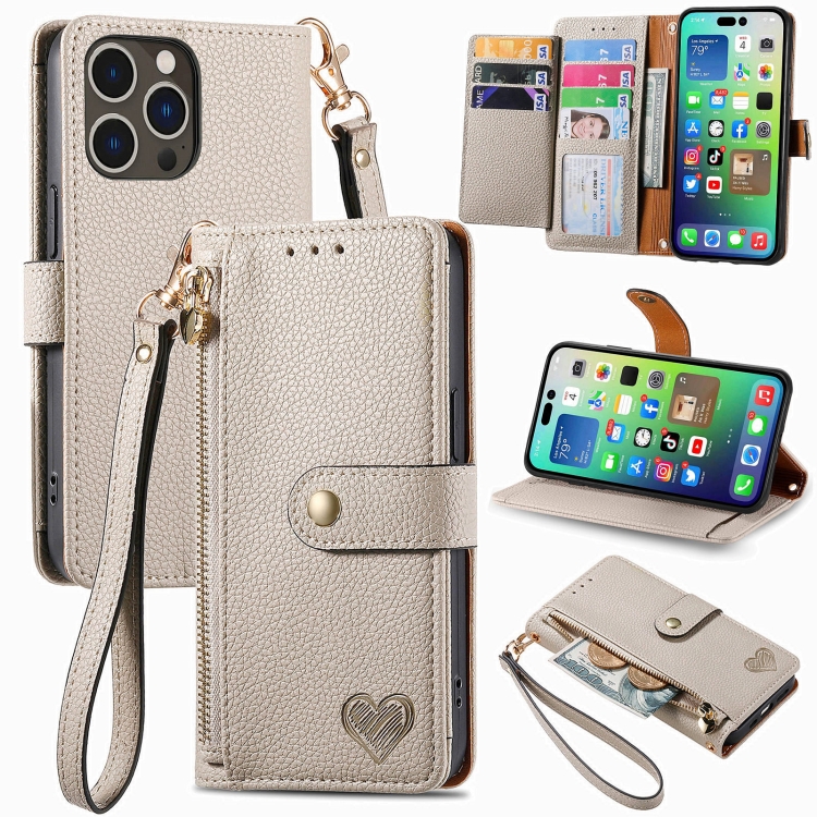 

For iPhone 16 Pro Love Zipper Lanyard Leather Phone Case(Gray)