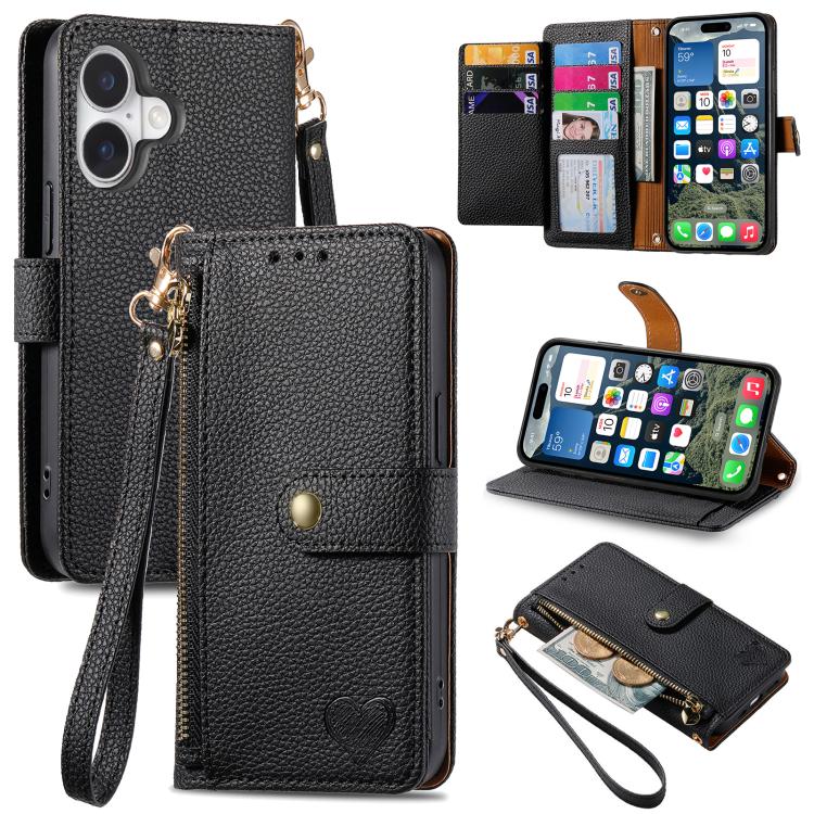 

For iPhone 17 Love Zipper Lanyard Leather Phone Case(Black)