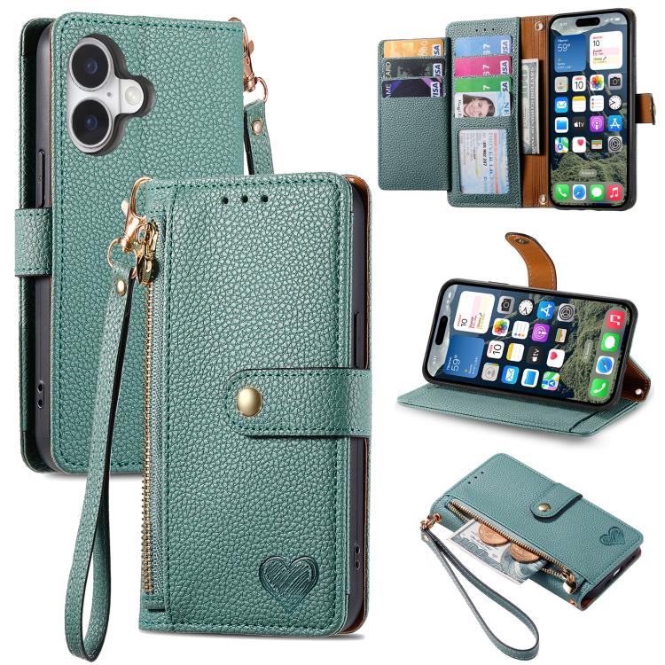 

For iPhone 17 Love Zipper Lanyard Leather Phone Case(Green)