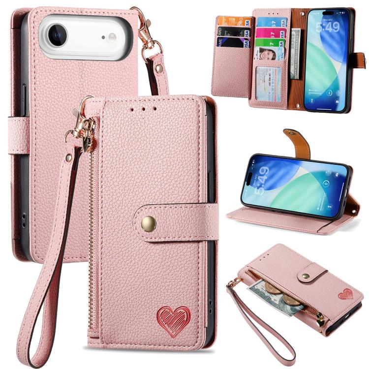 

For iPhone Air Love Zipper Lanyard Leather Phone Case(Pink)