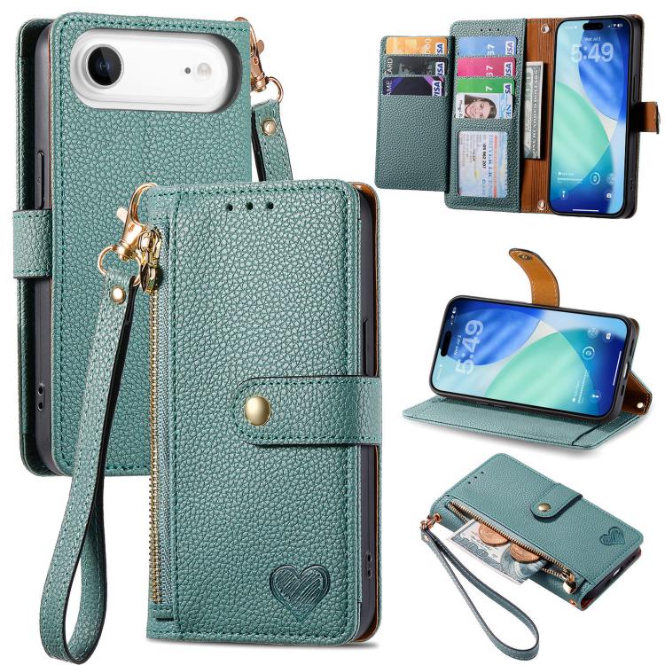 

For iPhone Air Love Zipper Lanyard Leather Phone Case(Green)