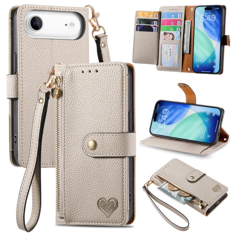 

For iPhone Air Love Zipper Lanyard Leather Phone Case(Gray)