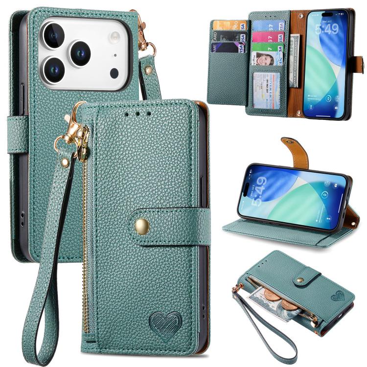 For iPhone 17 Pro Max Love Zipper Lanyard Leather Phone Case(Green)