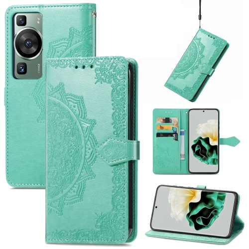 

For Huawei P60 Mandala Flower Embossed Leather Phone Case(Green)