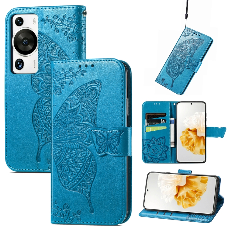

For Huaei P60 Pro Butterfly Love Flower Embossed Leather Phone Case(Blue)