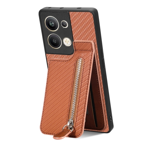 

For OPPO Reno9 Pro+ Carbon Fiber Vertical Flip Zipper Phone Case(Brown)