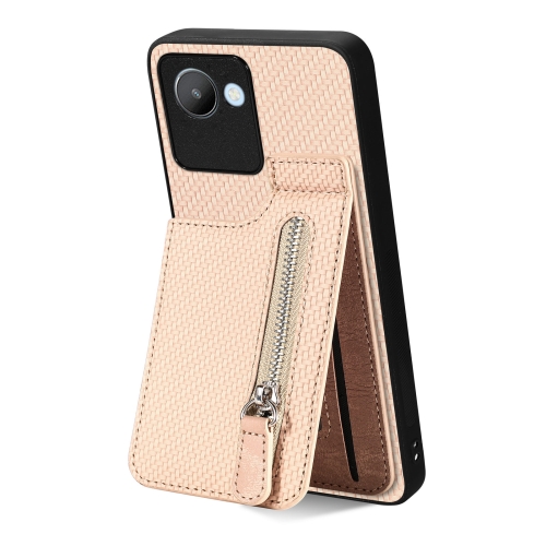 

For Realme C30 Carbon Fiber Vertical Flip Zipper Phone Case(Khaki)