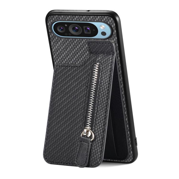 

For Google Pixel 10 Pro XL Carbon Fiber Vertical Flip Zipper Phone Case(Black)