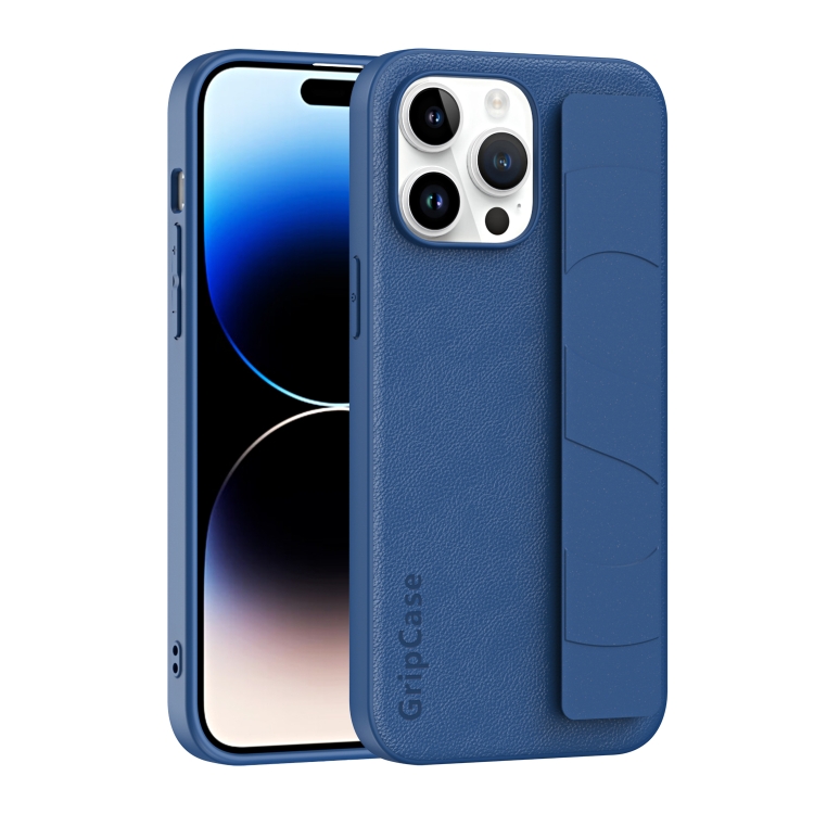 

For iPhone 14 Pro Max Skin Elastic Wrist Grip Back Cover Phone Case(Navy Blue)