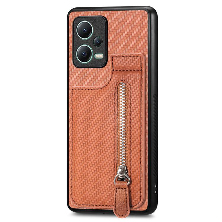 

For Redmi Note 12 5G Carbon Fiber Vertical Flip Zipper Phone Case(Brown)