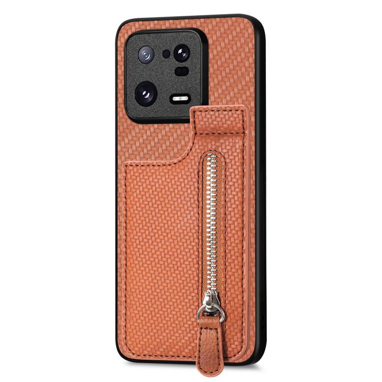 

For Xiaomi 13 Pro Carbon Fiber Vertical Flip Zipper Phone Case(Brown)