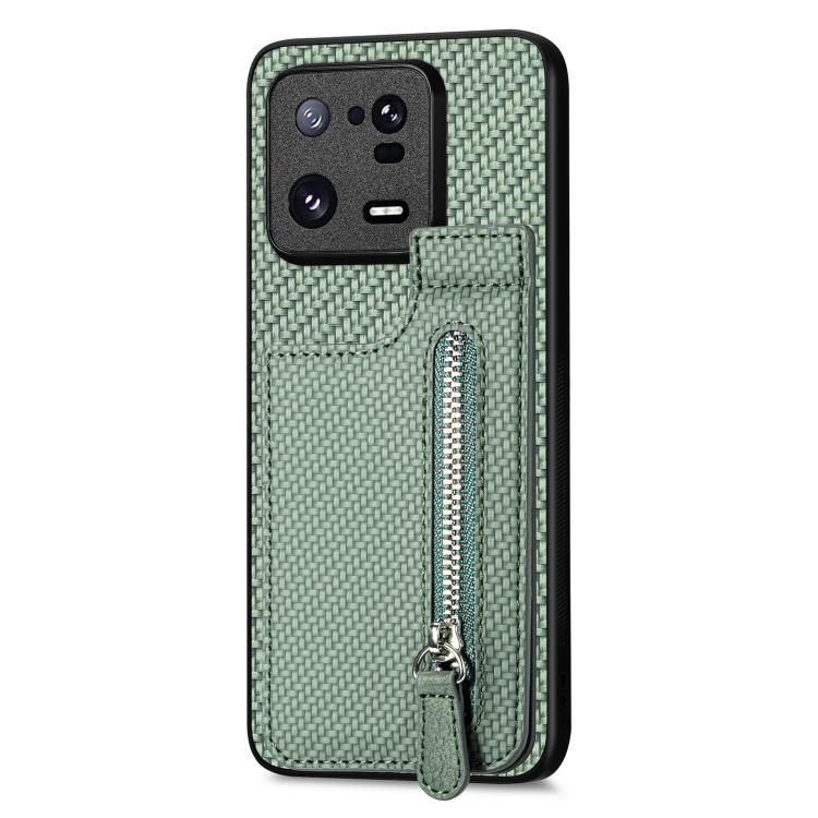 

For Xiaomi 13 Pro Carbon Fiber Vertical Flip Zipper Phone Case(Green)