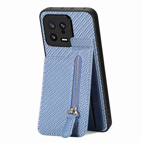 

For Xiaomi 13 Carbon Fiber Vertical Flip Zipper Phone Case(Blue)