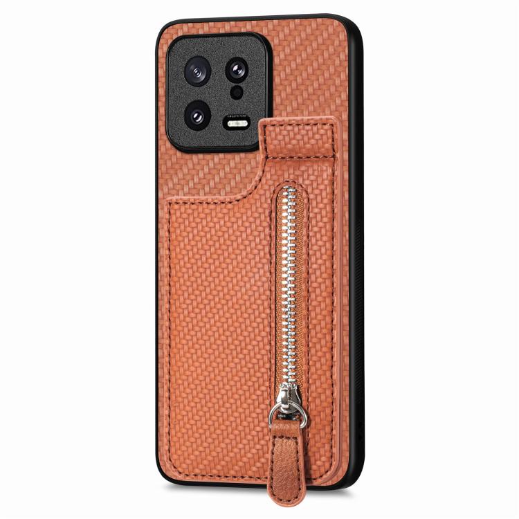 

For Xiaomi 13 Carbon Fiber Vertical Flip Zipper Phone Case(Brown)