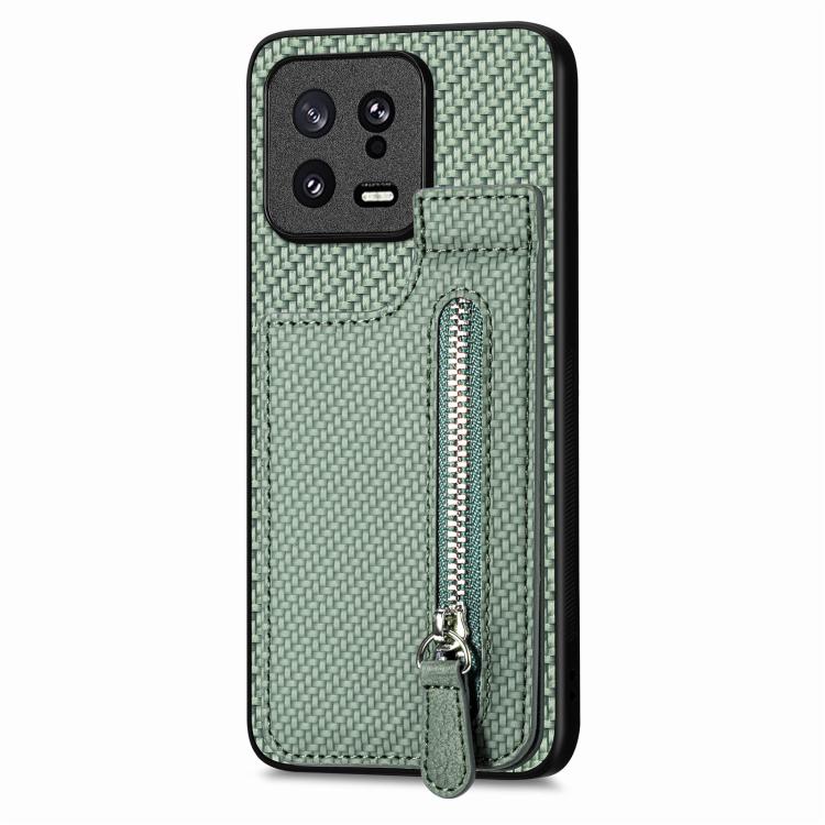 

For Xiaomi 13 Carbon Fiber Vertical Flip Zipper Phone Case(Green)