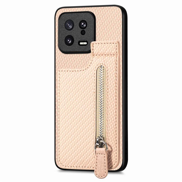 

For Xiaomi 13 Carbon Fiber Vertical Flip Zipper Phone Case(Khaki)