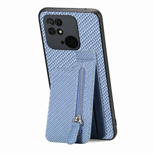 

For Redmi 10C Carbon Fiber Vertical Flip Zipper Phone Case(Blue)