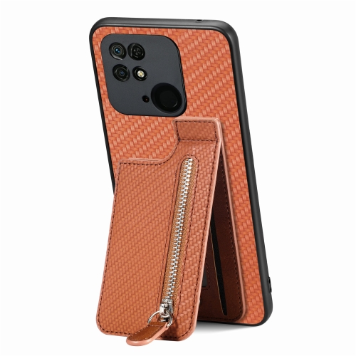 

For Redmi 10C Carbon Fiber Vertical Flip Zipper Phone Case(Brown)