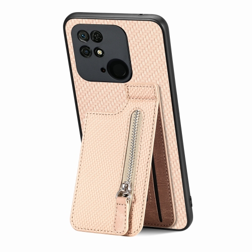 

For Redmi 10C Carbon Fiber Vertical Flip Zipper Phone Case(Khaki)