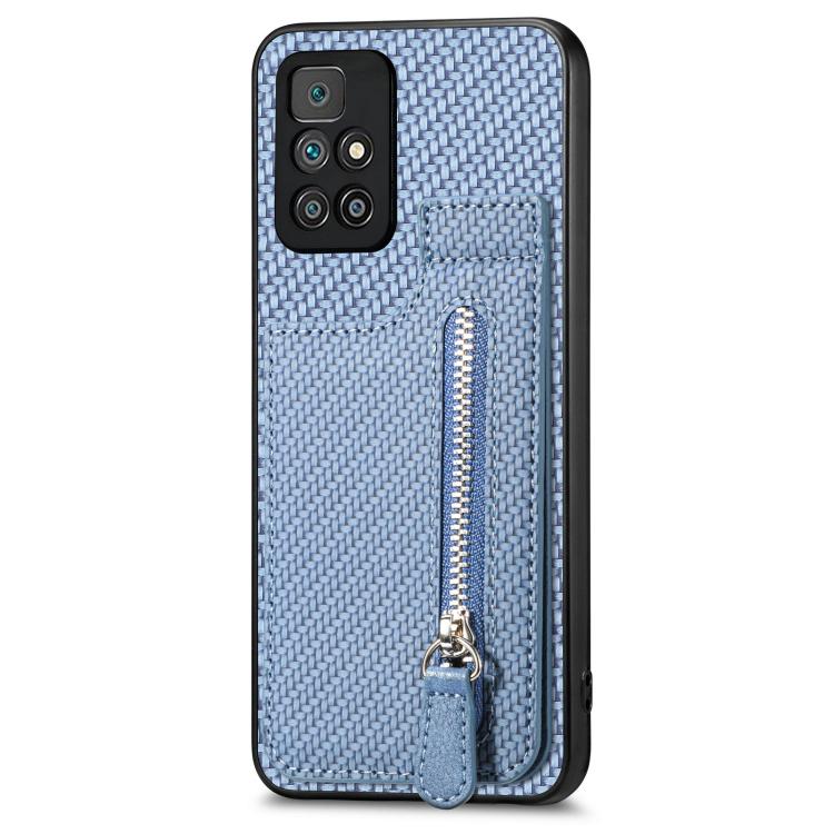 

For Redmi 10 Carbon Fiber Vertical Flip Zipper Phone Case(Blue)