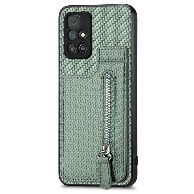 

For Redmi 10 Carbon Fiber Vertical Flip Zipper Phone Case(Green)