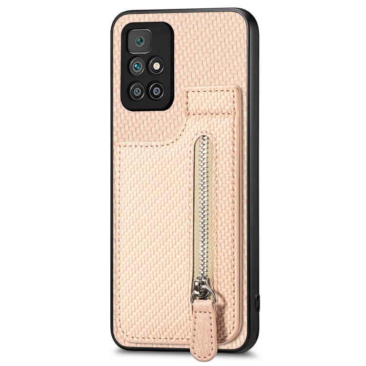 

For Redmi 10 Carbon Fiber Vertical Flip Zipper Phone Case(Khaki)