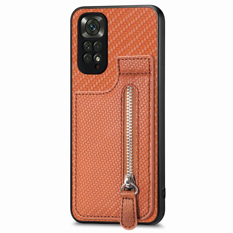 

For Redmi Note 11 4G Carbon Fiber Vertical Flip Zipper Phone Case(Brown)